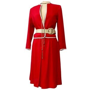 Vintage 1960s Mod GoGo Airline Stewardess Style Lipstick Red Skirt Suit Set
